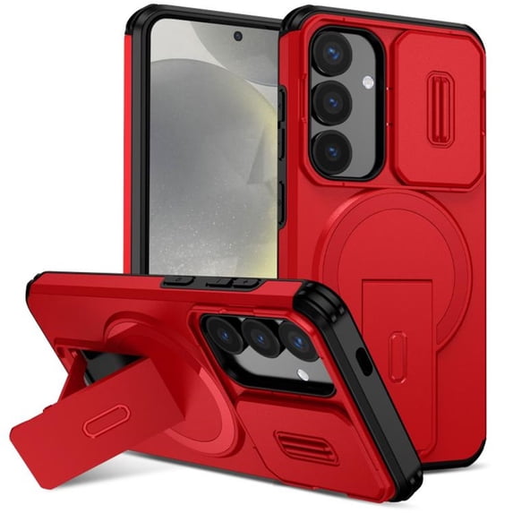 Case for Samsung Galaxy S24 5G / S25 5G 6.2" with Invisible Fold Holder Stand, Magnetic Wireless Charging,Sliding camera casing,Shockproof Dropproof Tough Rugged Protective Case Cover,Red