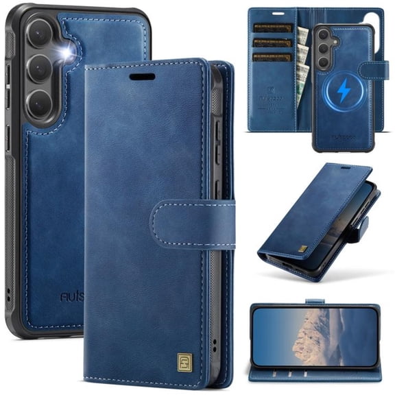 Case For Samsung Galaxy S24 FE 5G 6.7" RFID Blocking Protective Purse Case With Magsafe 3-card Slots Kickstand 2 In 1 Detachabl Flip Shockproof Protective Cover,Blue,For Galaxy S24 FE 5G