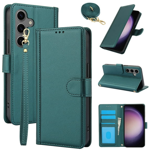 Case for Samsung Galaxy S24 FE Crossbody Wallet with Lanyard & Wrist Strap, Card Holder Flip Stand Purse Case, Full Protection Magnetic Clasp PU Leather Cover for Samsung Galaxy S24 FE, Green