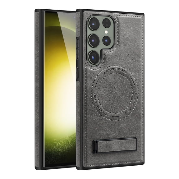 Case for Samsung Galaxy S24 FE with Hidden Kickstand, [Military Grade Drop Protection] Built-in Strong Magnet Compatible with MagSafe, Slim Premium PU Leather Shockproof Cover,Gray