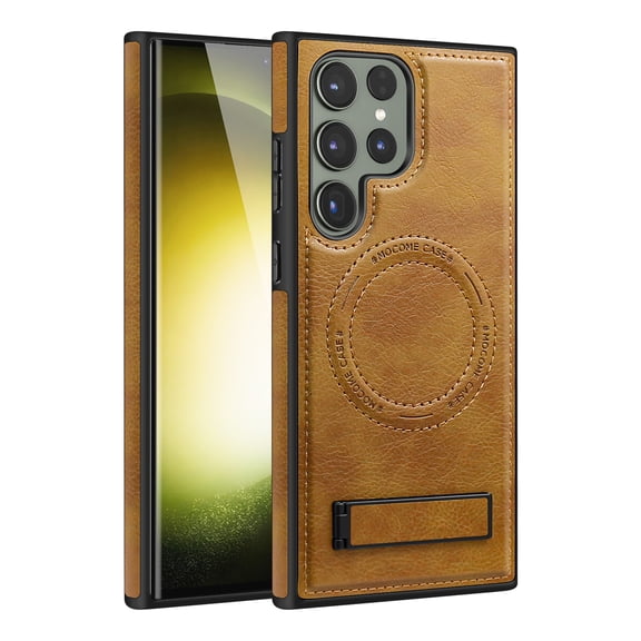Case for Samsung Galaxy S24 FE with Hidden Kickstand, [Military Grade Drop Protection] Built-in Strong Magnet Compatible with MagSafe, Slim Premium PU Leather Shockproof Cover,Brown