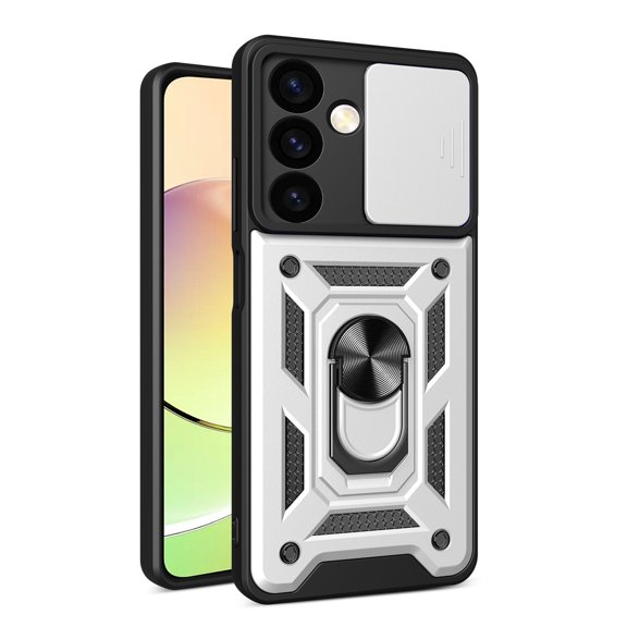 Case for Samsung Galaxy S24, Galaxy S24 Phone Case with Slide Camera Cover, Kickstand Heavy Duty Rugged Shockproof Protective Case Cover for Samssung S24, Silver