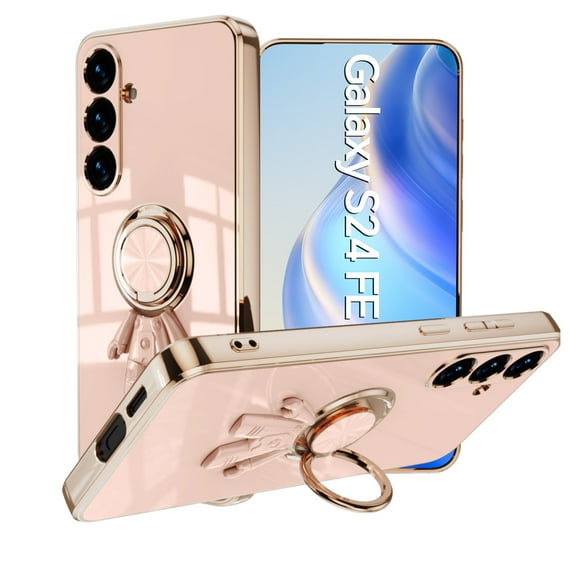 Case for Samsung Galaxy S24, Luxury Astronaut Ring Hoder Stand Plating Ultra Slim Support Magnetic Car Mount Drop Protective Phone Case Cover for Samsung Galaxy S24, Lightpink