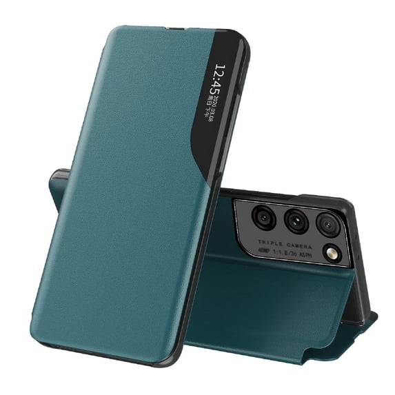Case for Samsung Galaxy S24, PU Leather Drop Resistant All-inclusive Protection Flip Folio Phone Case with Magnetic Closure Mirror Window Stand Cover for Samsung Galaxy S24, Cyan
