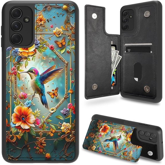 Case for Samsung Galaxy S24 Plus Case Wallet Case with Card Holder, PU Leather Kickstand Double Magnetic Clasp Shockproof Cover Case for Galaxy S24 Plus, Hummingbird Flowers