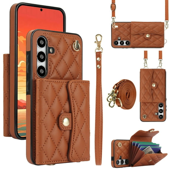 Case for Samsung Galaxy S24 Plus, Crossbody Wristlet Case Wallet with RFID Blocking Card Slots KickStand Flip Folio PU Leather Magnetic Protective Cover Women for Samsung Galaxy S24 Plus, Brown