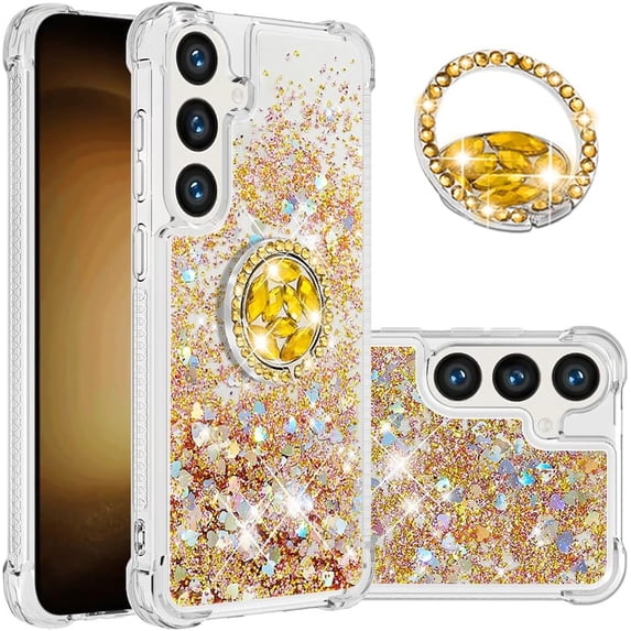 Case for Samsung Galaxy S24 Plus, Galaxy S24 Plus Liquid Case Glitter Clear TPU Cute Love Quicksand Sparkle Phone Case with Stand Liquid Shockproof Cover for Samsung Galaxy S24 Plus Gold YBZ