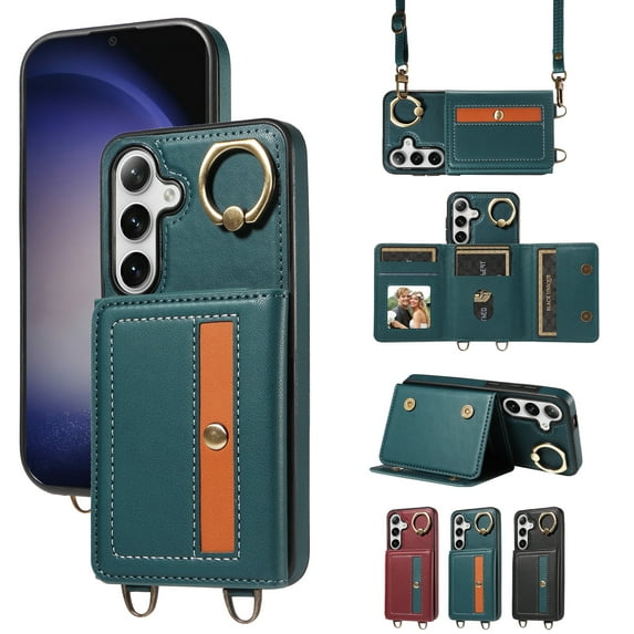 Case for Samsung Galaxy S24 Plus Wallet Case, Flip Leather Case with 4 Card Holder, Ring Holder Kickstand Shockproof Protective Folio Phone Cover Crossbody Strap for Women Ladies,Cyan