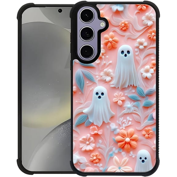 Case for Samsung Galaxy S24 S25 | Shockproof 4 Corner Air Cushion + Soft TPU Bumper with Anti-Slip Grip & Stylish Pattern for Men Boys & Woman Girls | Halloween Pink Ghost Floral