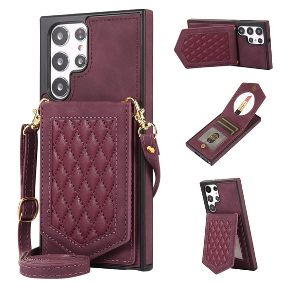Case for Samsung Galaxy S24 Ultra 5G, Allytech Detachable Crossbody Strap Flip PU Leather Magnetic Button RFID Blocking Purse Wallet Stand Case for Samsung S24 Ultra 5G, Winered