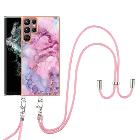 Case for Samsung Galaxy S24 Ultra, Adjustable Detachable Crossbody Strap Neck Strap Silicone Bumper Marble Painted TPU Ultra Thin Shockproof Protective Phone Case Cover for Galaxy S24 Ultra, Pink