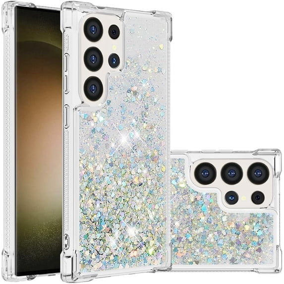 Case for Samsung Galaxy S24 Ultra Case Glitter Liquid Cute Clear Phone Case Floating Quicksand Shockproof Protective Bumper Soft TPU Case for Samsung Galaxy S24 Ultra Love Sliver YB
