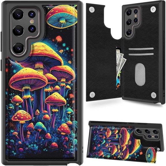 Case for Samsung Galaxy S24 Ultra Case Wallet Case with Card Holder, PU Leather Kickstand Double Magnetic Clasp Shockproof Cover Case for Galaxy S24 Ultra, Colorful Mushrooms