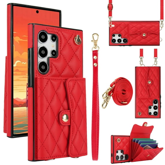 Case for Samsung Galaxy S24 Ultra, Crossbody Wristlet Case Wallet with RFID Blocking Card Slots KickStand Flip Folio PU Leather Magnetic Protective Cover Women for Samsung Galaxy S24 Ultra, Red
