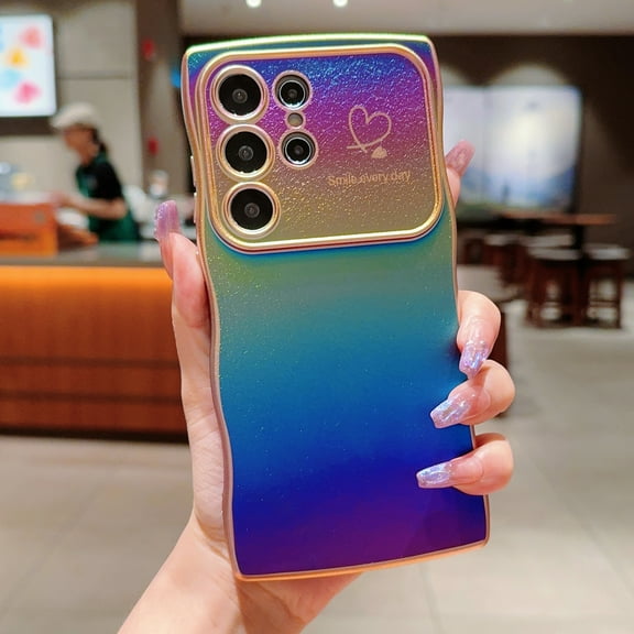 Case for Samsung Galaxy S24 Ultra, Curly Wave Shape Plating Frame Cute Love Heart Cover for Girls Women, Full Camera Lens Protection Soft Durable TPU Shockproof Case for Galaxy S24 Ultra, Colorful