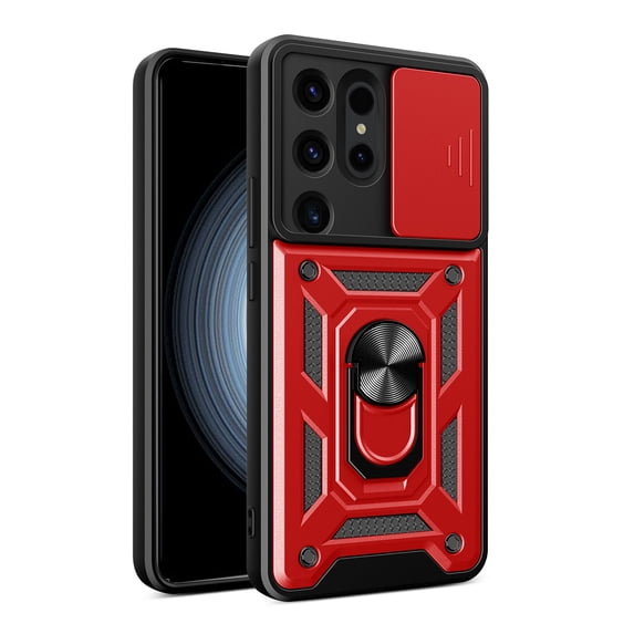 Case for Samsung Galaxy S24 Ultra, Galaxy S24 Ultra Phone Case with Slide Camera Cover, Kickstand Heavy Duty Rugged Shockproof Protective Case Cover for Samssung S24 Ultra, Red