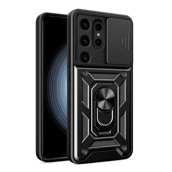 Case for Samsung Galaxy S24 Ultra, Galaxy S24 Ultra Phone Case with Slide Camera Cover, Kickstand Heavy Duty Rugged Shockproof Protective Case Cover for Samssung S24 Ultra, Black