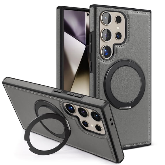 Case for Samsung Galaxy S24 Ultra with Kickstand, Compatible with Mag-Safe, Luxury Classic PU Leather Magnetic Ring Holder Stand Shockproof Protection Phone Cover for Galaxy S24 Ultra, Gray