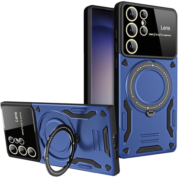 Case for Samsung Galaxy S24 Ultra with Magnetic Attraction 360° Ring Stand Cover for Samsung Galaxy S24 Ultra with Screen Camera Protector Hard PC TPU Case Blue