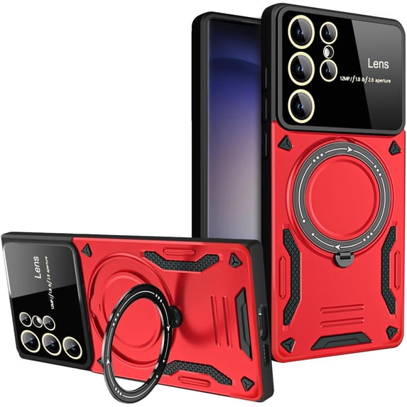 Case for Samsung Galaxy S24 Ultra with Magnetic Attraction 360° Ring Stand Cover for Samsung Galaxy S24 Ultra with Screen Camera Protector Hard PC TPU Case Red