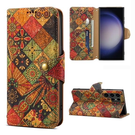 Case for Samsung Galaxy S24 Ultra, Premium PU Leather Wallet Case with Card Slots Lanyard Shoulder Strap Kickstand Retro Rustic Style Flower Pattern Purse Shockproof Cover for Galaxy S23 Plus, Yellow