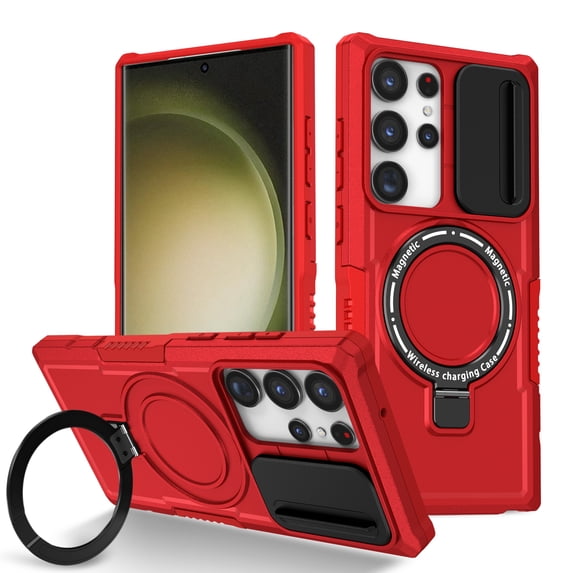 Case for Samsung Galaxy S24 Ultra, with Sliding Camera Cover, with Rotating Finger Ring Holder Magnetic Bracket Hybrid Hand Grip Protective Shockproof Phone Case Cover for S24 Ultra - Red