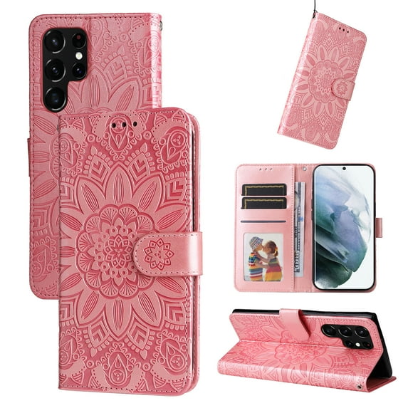 Case for Samsung Galaxy S24 Ultra, Case Sunflower Embossed PU Leather Flip Cover Wallet Case with Cards Slot Holder Kickstand with Strap Protective Cover for Samsung Galaxy S24 Ultra,Rosegold