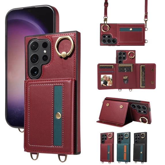 Case for Samsung Galaxy S24 Ultra Wallet Case, Flip Leather Case with 4 Card Holder, Ring Holder Kickstand Shockproof Protective Folio Phone Cover Crossbody Strap for Women Ladies,Red