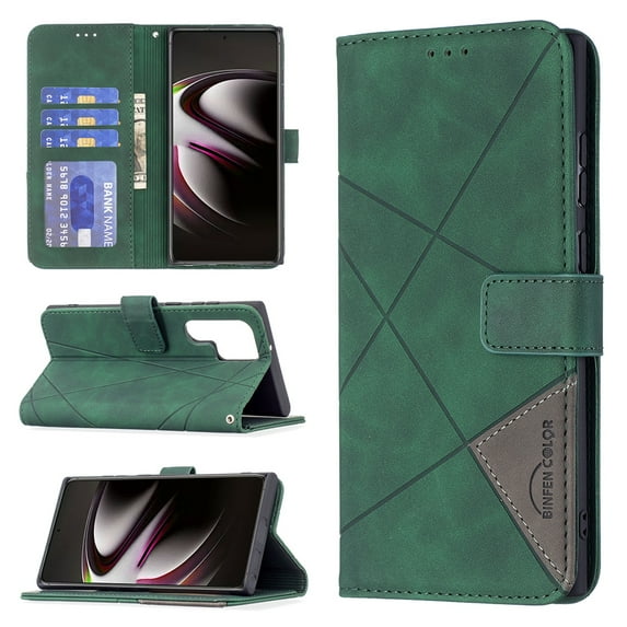 Case for Samsung Galaxy S24 Ultra Wallet Case, Kickstand Flip Cover with Card Holder, Premium PU Leather Magnetic Clasp Folio Case, TPU Shockproof Lens Protection Case for Galaxy S24 Ultra, Green
