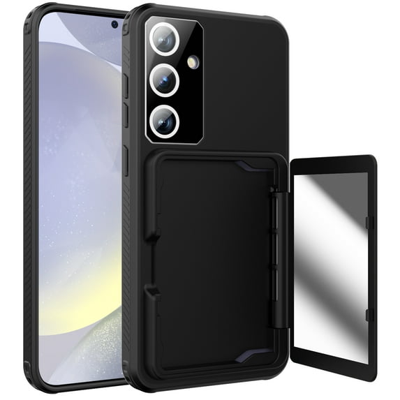 Case for Samsung Galaxy S24 Wallet with Hidden Make-up Mirror Card Slot Holder, Rugged PC+TPU Shockproof Non-Slip Lens Protection Wallet Case for Samsung Galaxy S24, Black