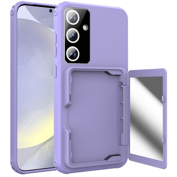 Case for Samsung Galaxy S24 Wallet with Hidden Make-up Mirror Card Slot Holder, Rugged PC+TPU Shockproof Non-Slip Lens Protection Wallet Case for Samsung Galaxy S24, Light Purple