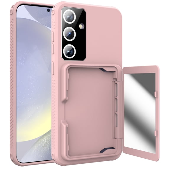 Case for Samsung Galaxy S24 Wallet with Hidden Make-up Mirror Card Slot Holder, Rugged PC+TPU Shockproof Non-Slip Lens Protection Wallet Case for Samsung Galaxy S24, Rosegold