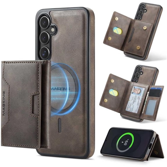 Case For Samsung Galaxy S25 5G 6.2" RFID Blocking Protective Purse Case With Magsafe 7-card Slots Kickstand 2 In 1 Detachabl Flip Shockproof Protective Leather Cover,coffee,For Galaxy S25 5G