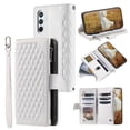 thumbnail image 1 of Case For Samsung Galaxy S25+ 5G Checkered With 6-card Slots Holder Kickstand Wrist Strap Lanyard Zipper PU Leather Flip Wallet Case,White,For Galaxy S25+ (5G), 1 of 6