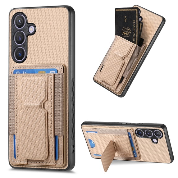 Case for Samsung Galaxy S25 Back Wallet Case, Carbon Fiber PU Leather Case with Card Holder Slots Hidden Stand Protective Phone Cover Compatible for Samsung Galaxy S25, Khaki