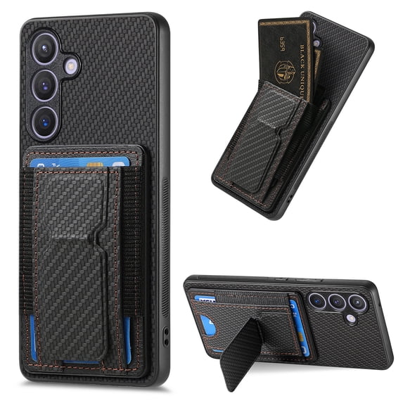 Case for Samsung Galaxy S25 Back Wallet Case, Carbon Fiber PU Leather Case with Card Holder Slots Hidden Stand Protective Phone Cover Compatible for Samsung Galaxy S25, Black