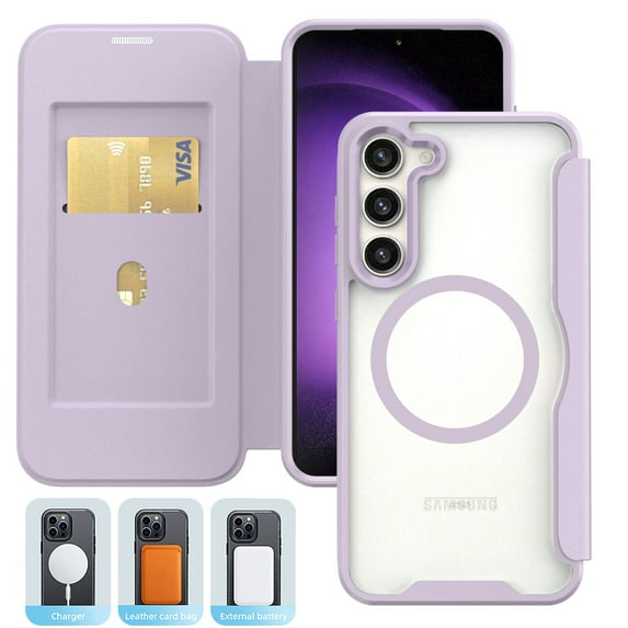 Case for Samsung Galaxy S25 Case Wallet Compatible with Mag-Safe, Shockproof Full Protective Flip Folio Wallet Case with RFID Blocking Card Slot PU Leather Magnegtic Clear Cover, Purple