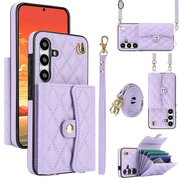 Case for Samsung Galaxy S25, Crossbody Wristlet Case Wallet with RFID Blocking Card Slots KickStand Flip Folio PU Leather Magnetic Protective Cover Women for Samsung Galaxy S25, Violet