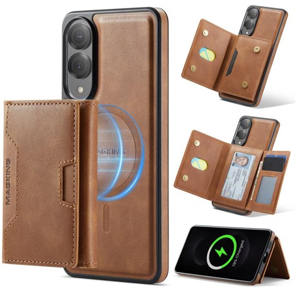 Case For Samsung Galaxy S25 Edge 5G 6.7" RFID Blocking Protective Purse Case With Magsafe 7-card Slots Kickstand 2 In 1 Detachabl Flip Shockproof Protective Leather Cover,Brown,For Galaxy S25 Edge 5G