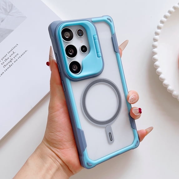 Case for Samsung Galaxy S25 Edge, Clear Back Phone Case with Camera Bracket Kickstand, Compatible with MagSafe, Lightweight Anti-Scratch Shockproof Cover for Boys Girls for S25 Edge, Lightblue