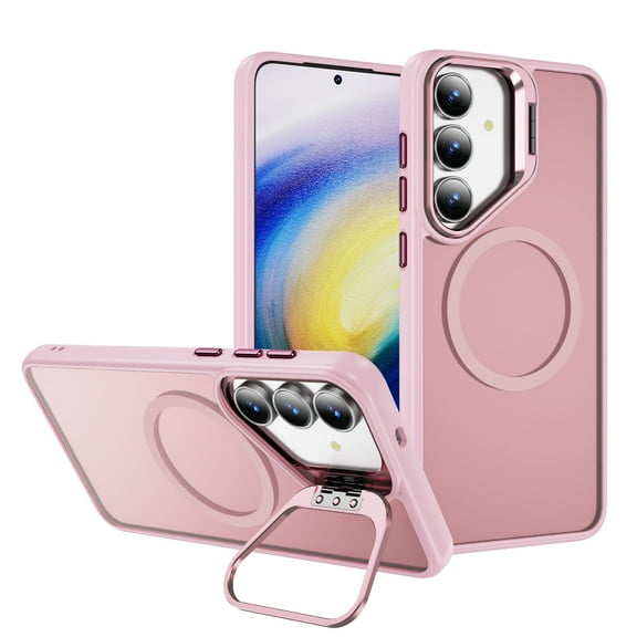Case for Samsung Galaxy S25 FE, Compatible with Magsafe Frosted Translucent Camera Frame Kickstand Ultra Slim Drop Protective Anti-Scratch Anti-Fingerprint Phone Cover for Galaxy S25 FE, Pink