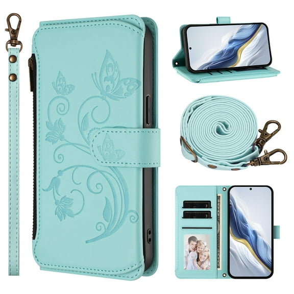 Case for Samsung Galaxy S25 FE, PU Leather + TPU, with Crossbody Strap + Wrist Strap, Zipper Pocket Card Slots and Cash Pocket Magnetic Clasp Kickstand Embossed Women Girls Wallet Case, Green
