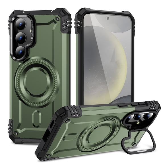 Case for Samsung Galaxy S25 for Men Women, Compatible with Magsafe, Rugged Camera Frame Bracket Shockproof Air Cushions Luxury Armor Support Magnetic Car Mount Cover for S25, Armygreen