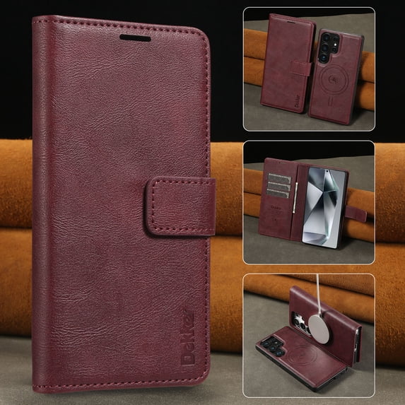 Case for Samsung Galaxy S25, PU Leather Folio Wallet Case with Detachable Magsafe Back Case, Kickstand Magnetic Closure Card Slots Full Body Protection Classic Business Men Women - Red