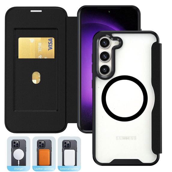 Case for Samsung Galaxy S25 Plus Case Wallet Compatible with Mag-Safe, Shockproof Full Protective Flip Folio Wallet Case with RFID Blocking Card Slot PU Leather Magnegtic Clear Cover, Black