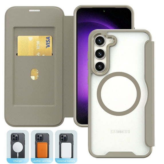 Case for Samsung Galaxy S25 Plus Case Wallet Compatible with Mag-Safe, Shockproof Full Protective Flip Folio Wallet Case with RFID Blocking Card Slot PU Leather Magnegtic Clear Cover, Khaki