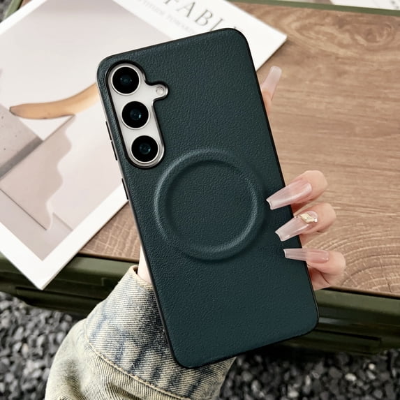 Case for Samsung Galaxy S25 Plus, Compatible with Magsafe, Ultra Slim Drop Protective Shockproof Back Case, PU Leather + TPU, Lightweight, Support Wireless Charging Phone Cover, Green