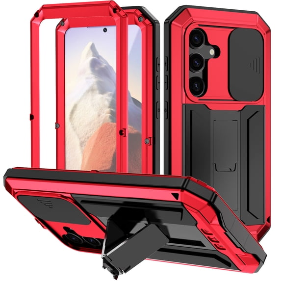 Case for Samsung Galaxy S25 Plus,Decase Military Grade Shockproof Phone Case Built-in Front Screen Protector Heavy Duty Slide Camera Cover Magnetic Full Body Protective Stand Case - Red
