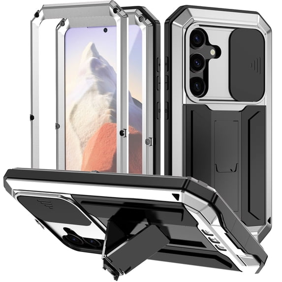 Case for Samsung Galaxy S25 Plus,Decase Military Grade Shockproof Phone Case Built-in Front Screen Protector Heavy Duty Slide Camera Cover Magnetic Full Body Protective Stand Case - Silver