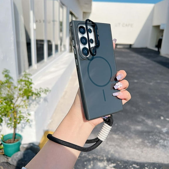 Case for Samsung Galaxy S25 Plus with Lanyard, TPU Shockproof Protective Cover, Compatible with MagSafe, Lightweight Anti-Scratch Back Case, Built-in Camera Frame Kickstand for Boys & Girls, Black